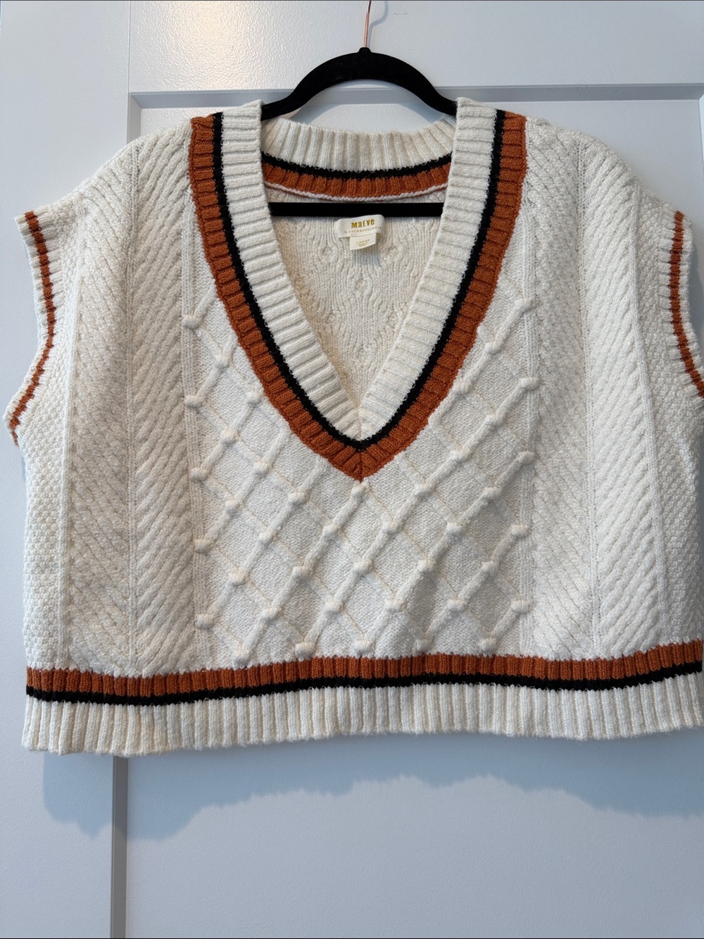 Anthropologie Cream Cable Knit V-Neck Sweater Vest with Rust and Black Trim